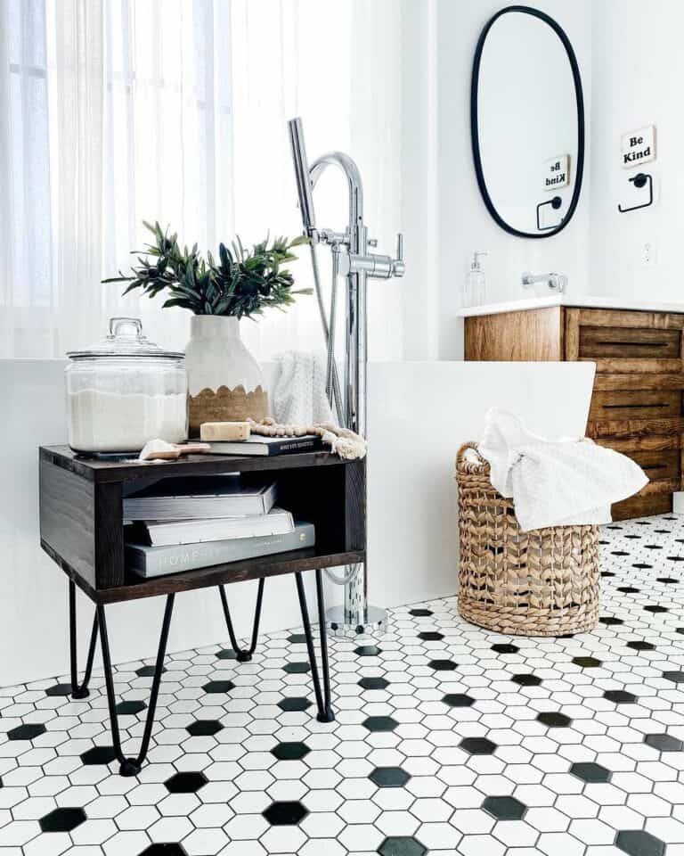 Freestanding Bathtub on Hexagon Tile Flooring