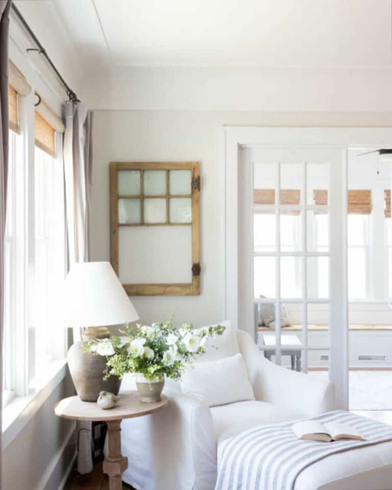 French Doors and Sash Windows Over a Built-in Bench