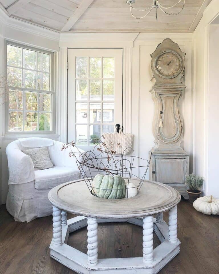 French Farmhouse-inspired Living Room With Grandfather Clock