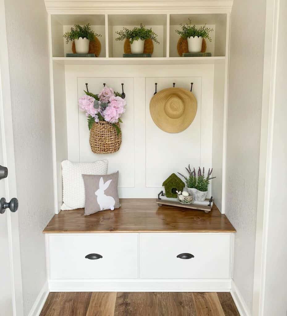 Fresh and Bright White Mudroom Shelves