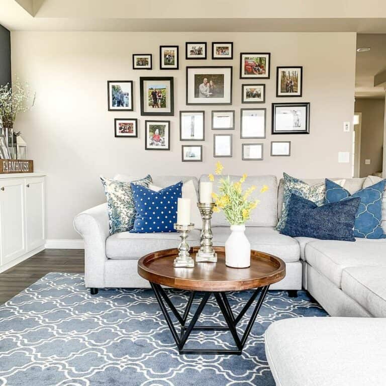 Gallery Wall in Blue and White Living Room