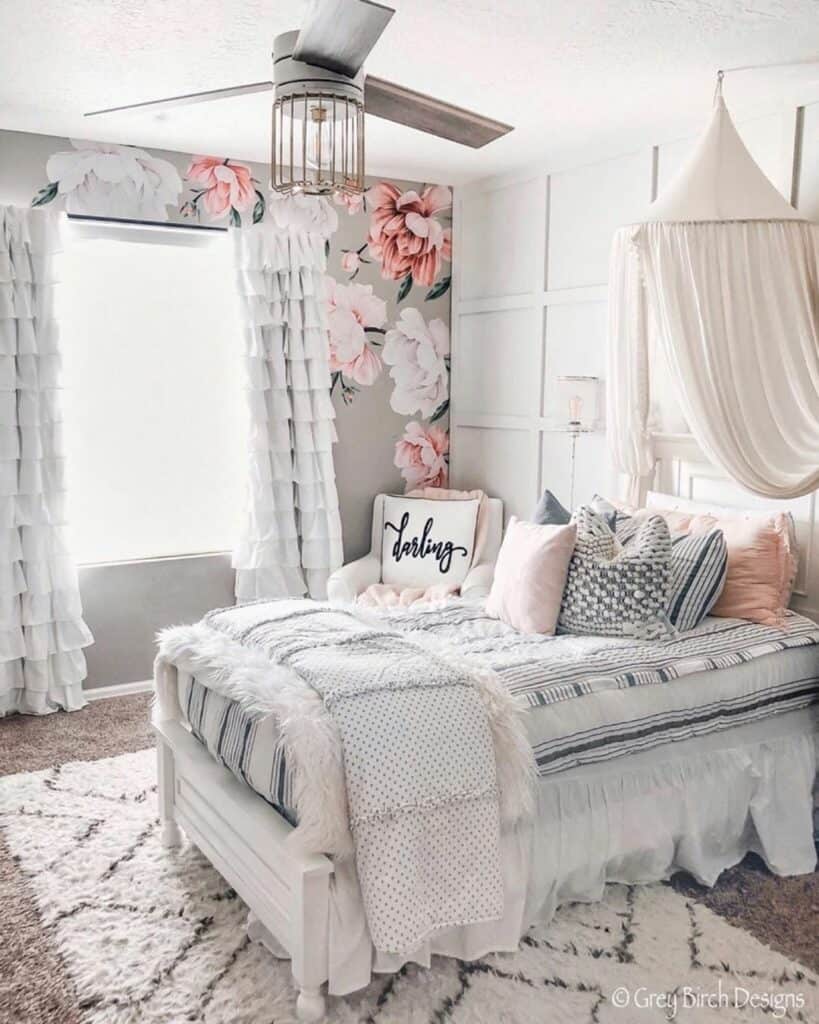 Girl's Room With Canopy and Rose Wallpaper