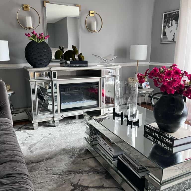 Glam Living Room With Fireplace Console