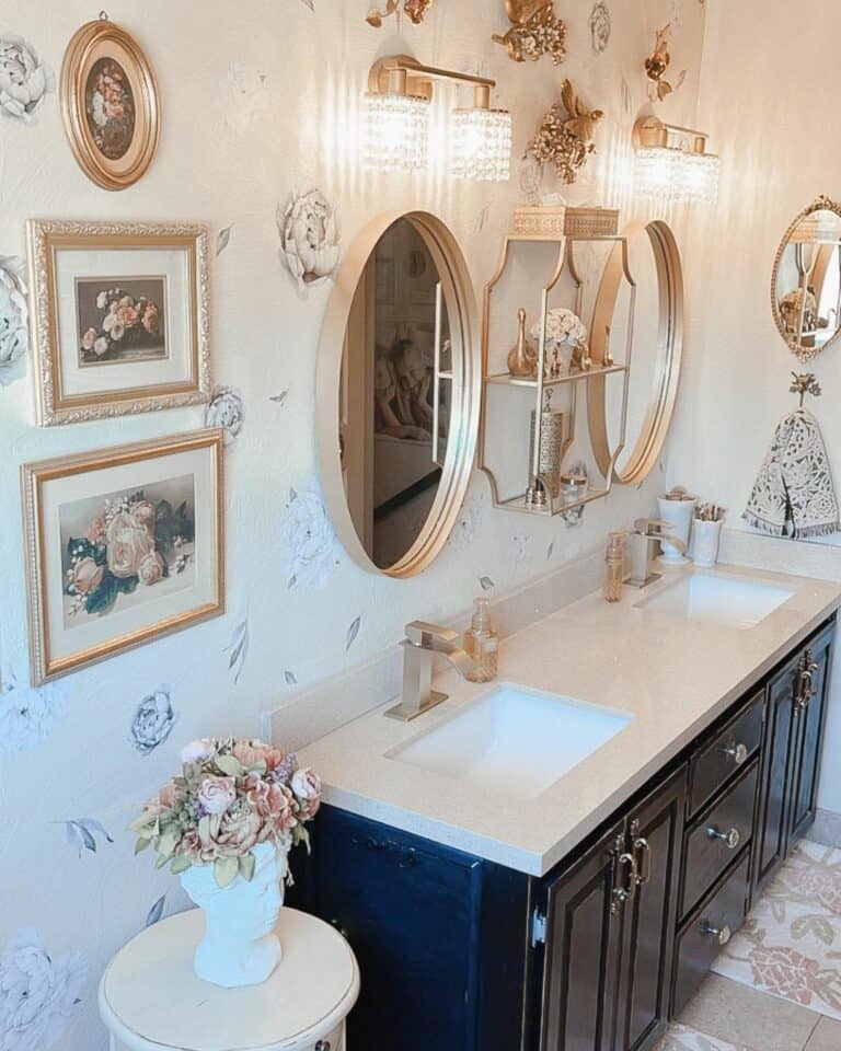 Golden-accented Master Bathroom With Floral Decals