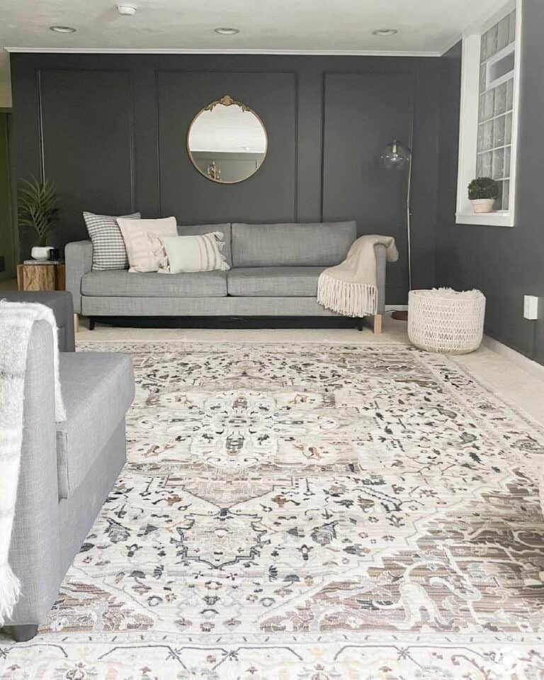 Gray Basement Ideas With White and Gray Vintage Rug