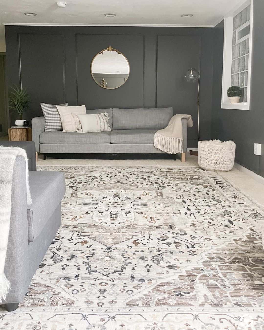 Gray Basement Ideas With White and Gray Vintage Rug - Soul & Lane