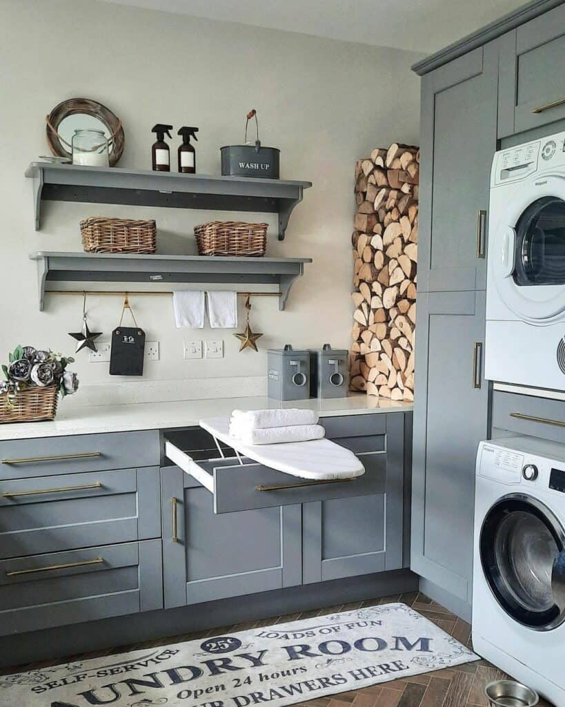 Gray Cabinets With Brass Pulls for Laundry Room