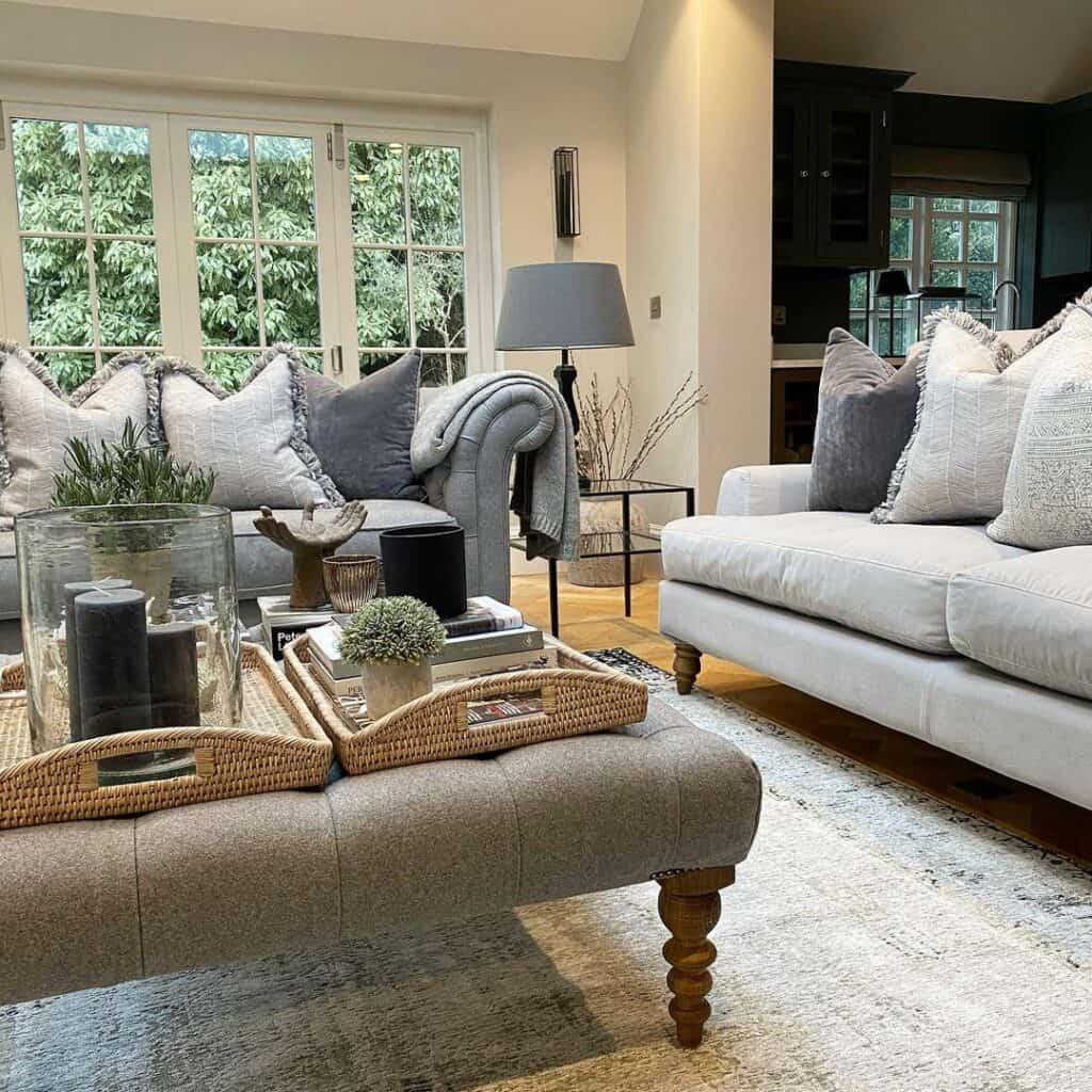 Gray Couches and Upholstered Coffee Table