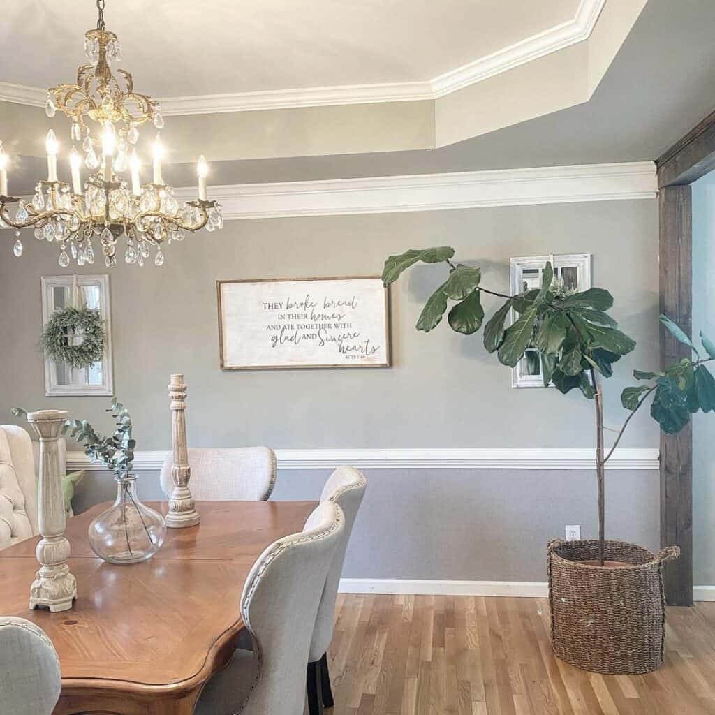 Gray Dining Room With White Tray Ceiling