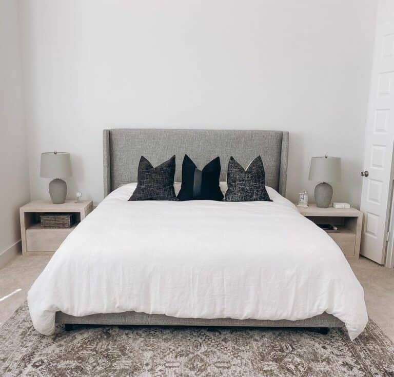 Gray Fabric Headboard With Modern Night Stands