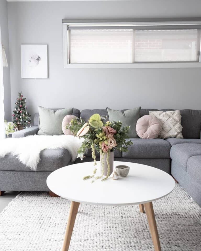 Gray Living Room With Bouquet of Flowers
