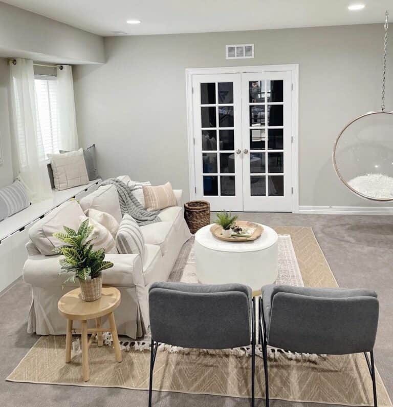 Gray Living Room With White French Doors