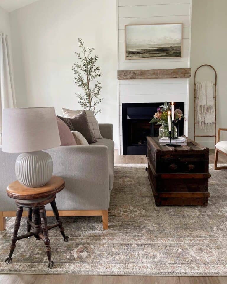 Gray Living Room with Vintage Wood Trunk Coffee Table