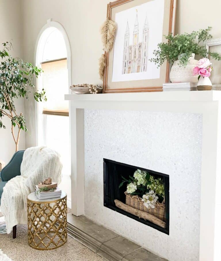 Gray Penny Tile Fireplace With Summer Decorations