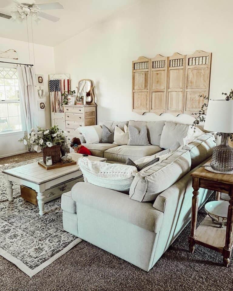 Gray Sectional Furnishes Farmhouse Living Room