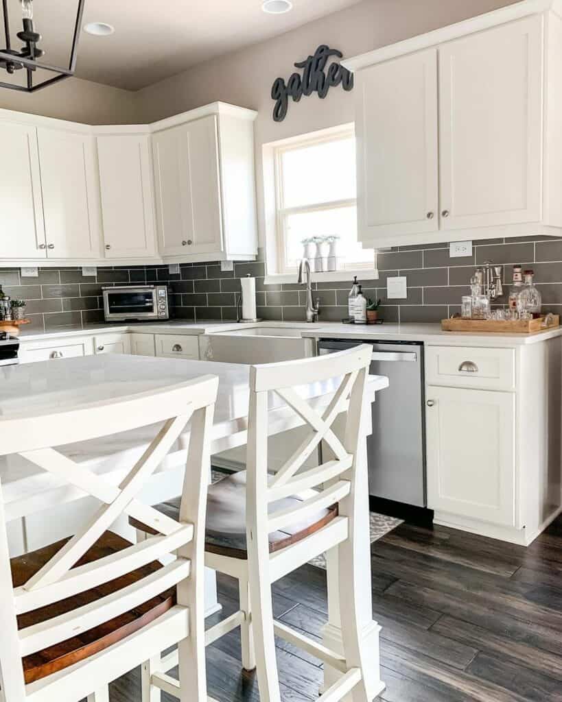 Gray Subway Tile and Farmhouse Sink