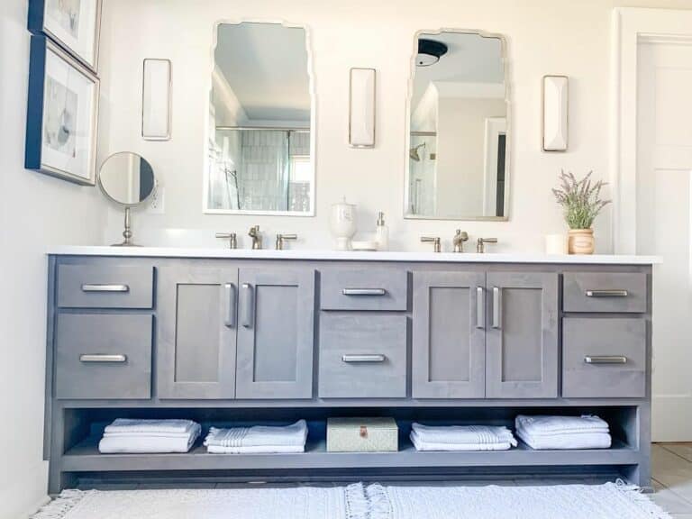 Gray Vanity With Open Shelf