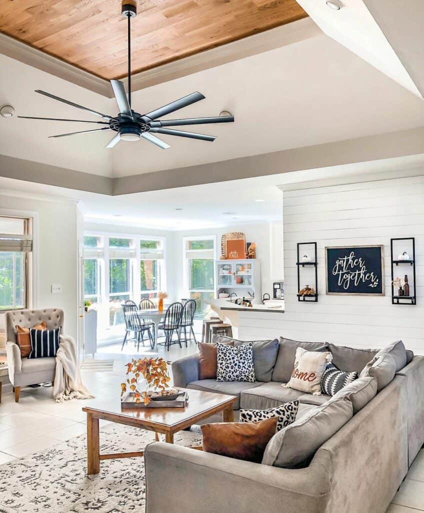 Gray and Brown Living Room With Wood Tray Ceiling Soul & Lane