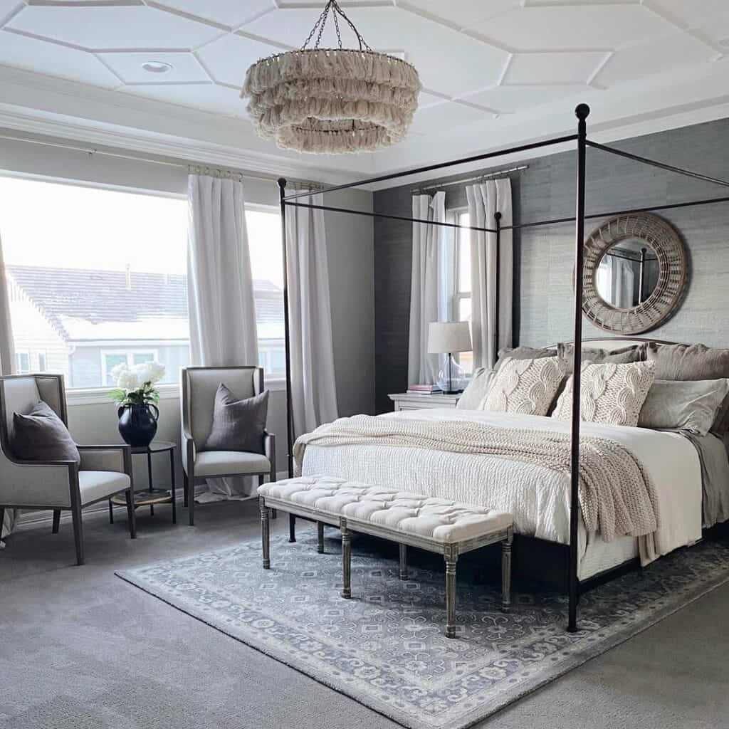 Gray and White Bedroom With Geometric Tray Ceiling
