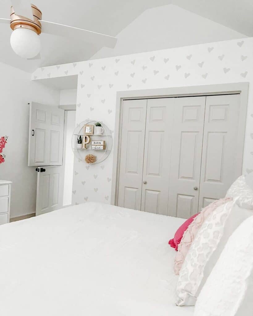 Gray and White Bedroom With Heart Wallpaper