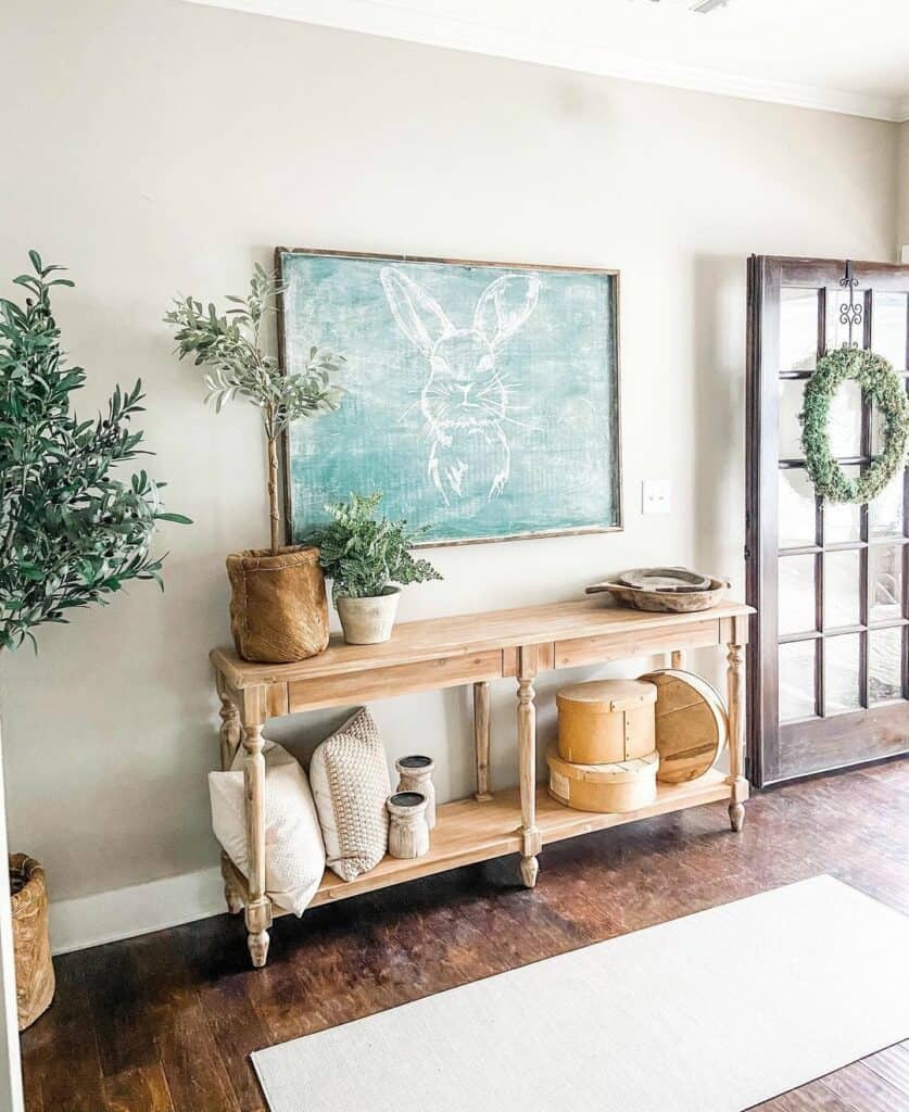 Green Chalkboard Over Light Wood Console Table