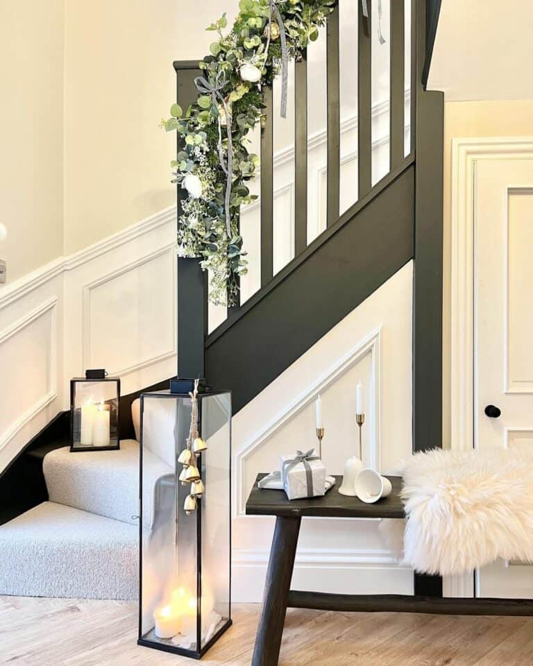 Green Garland on Black and White Staircase