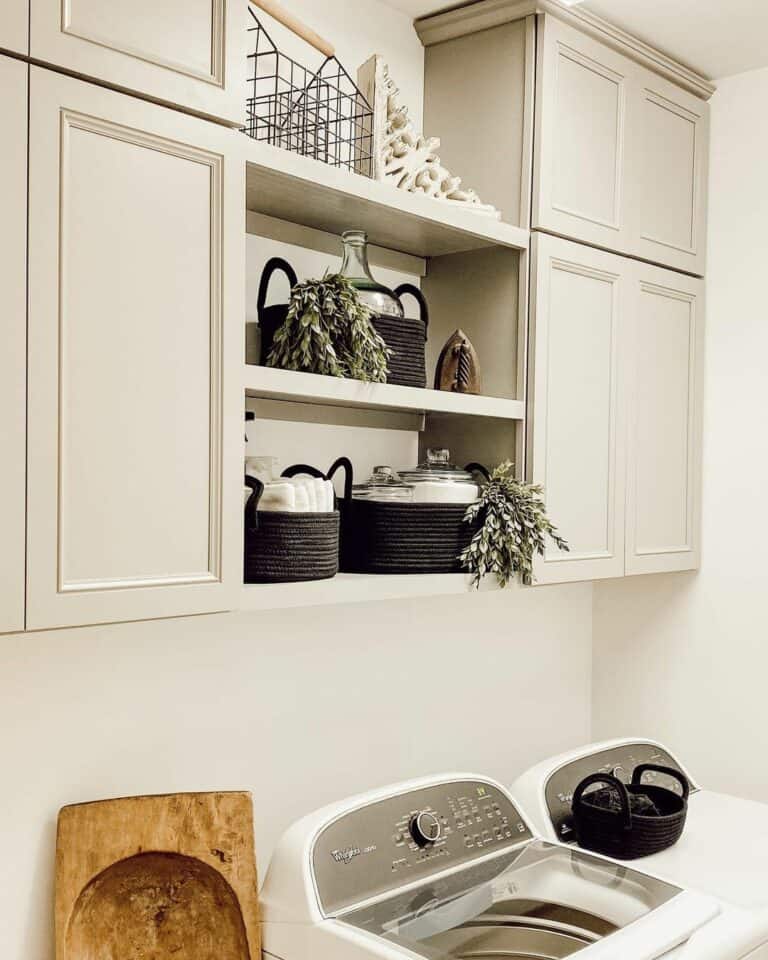 Greige Laundry Room Storage Cabinets With Shelves