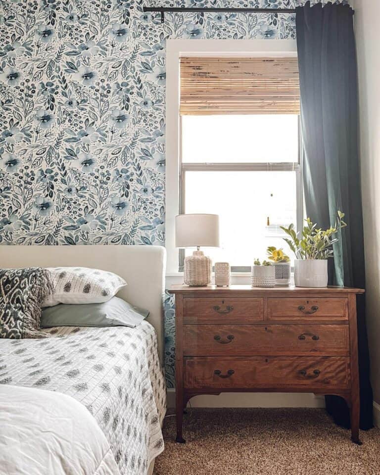 Guest Bedroom With Blue Floral Wallpaper