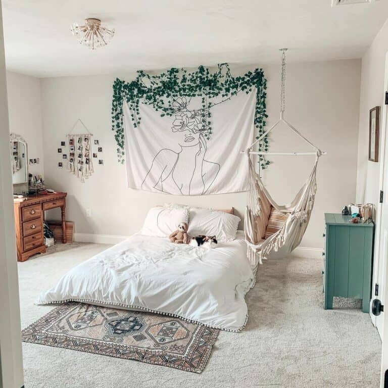 Hanging Swing in White Boho Bedroom