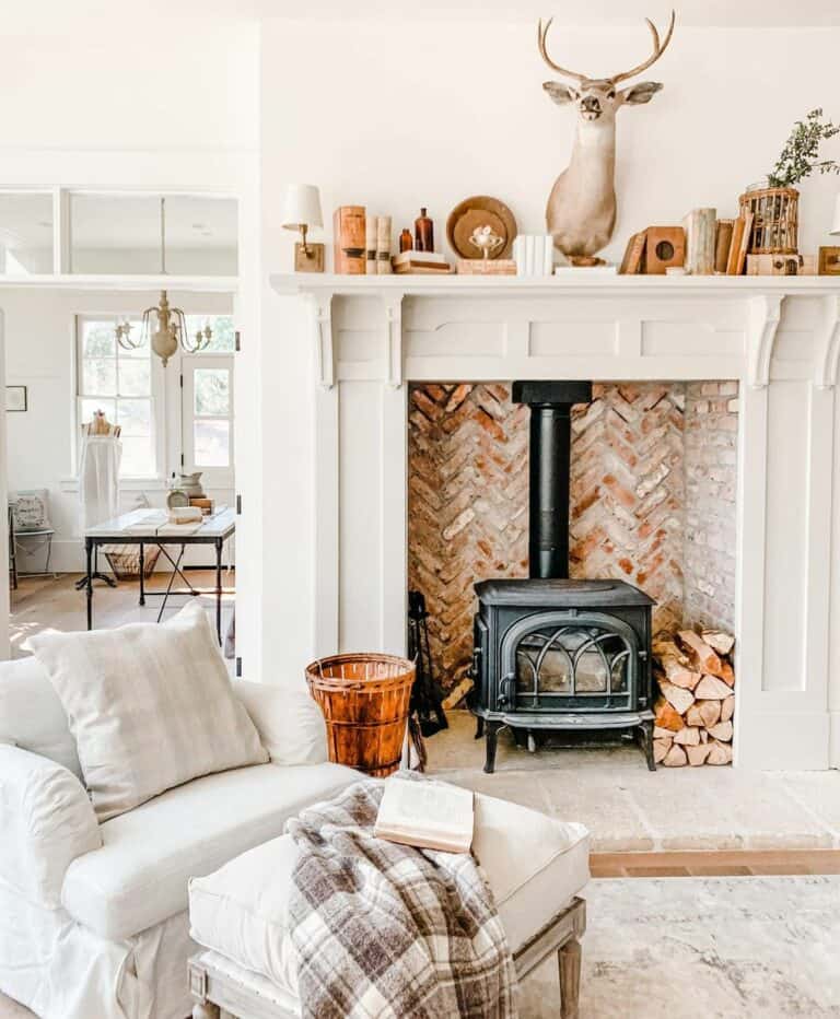 Herringbone Brick Fireplace and Vintage Décor