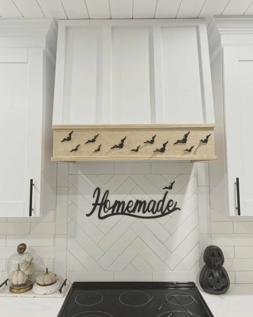 Herringbone and Subway Tile Kitchen With Halloween Décor