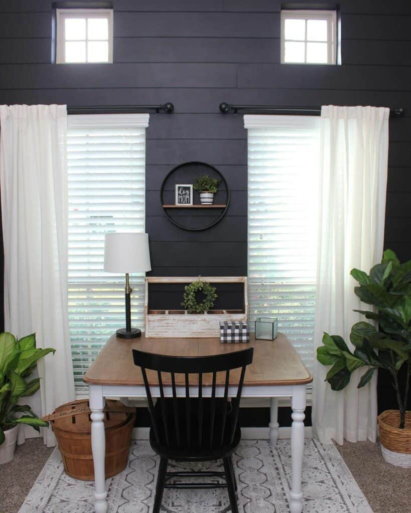 Home Office With Dramatic Black Shiplap