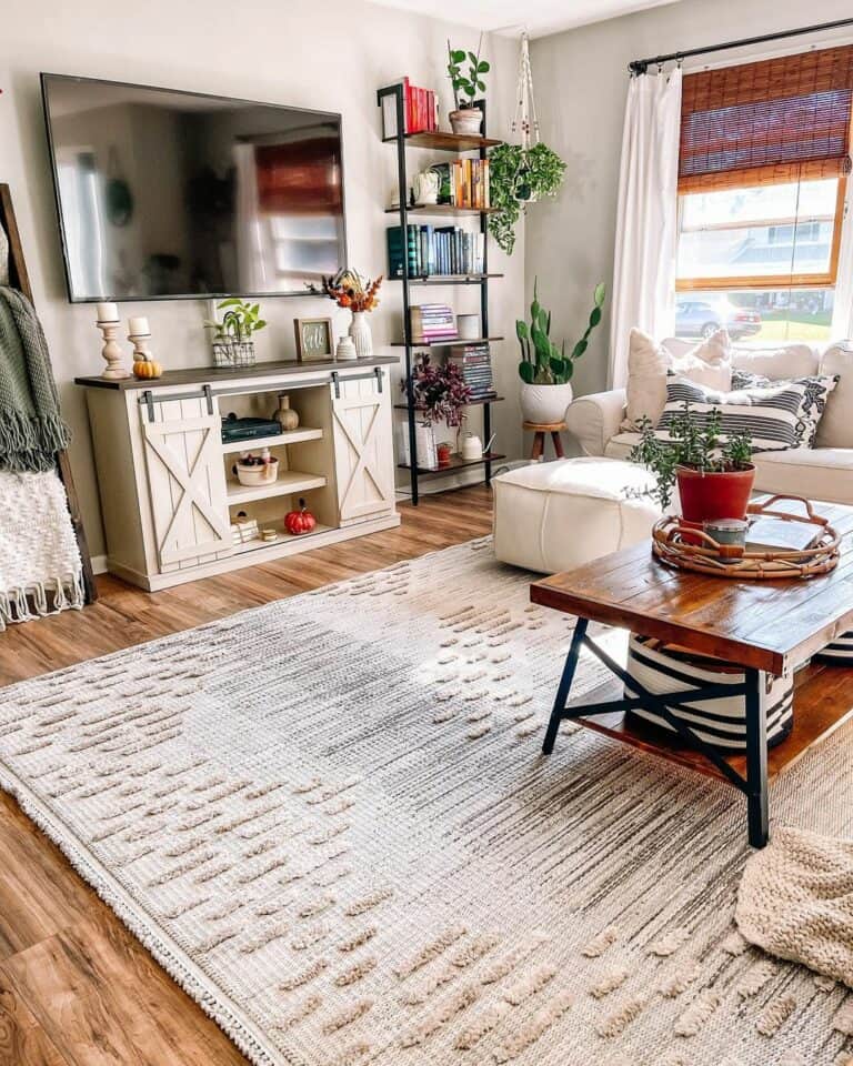Industrial Book Shelves in Farmhouse Living Room