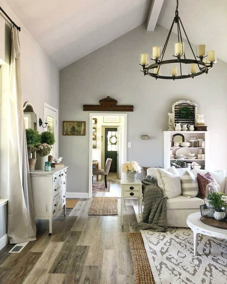 Industrial Chandelier Installed on an A-frame Ceiling