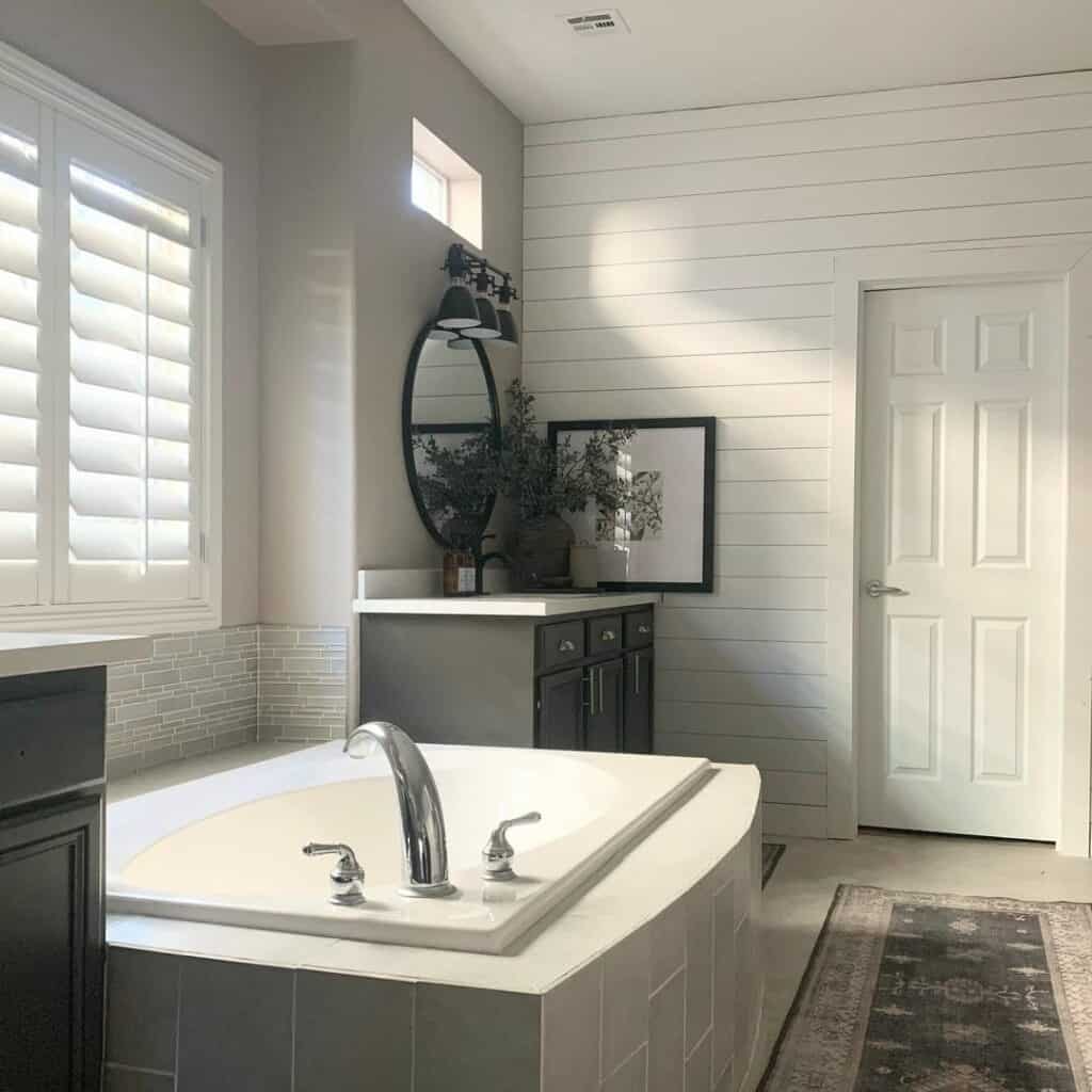 Industrial-style Bathroom With White Shiplap Walls