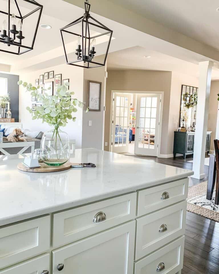 Kitchen Countertop With Greenery in Green Glass Vase