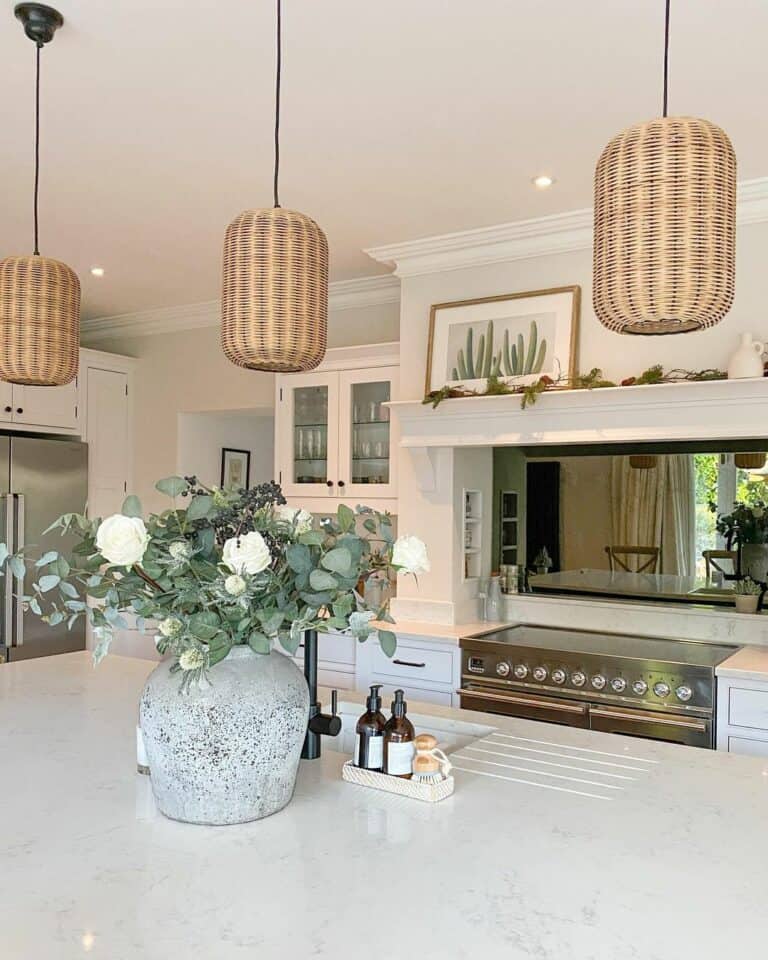 Kitchen Countertop With White Flowers in Gray Vase