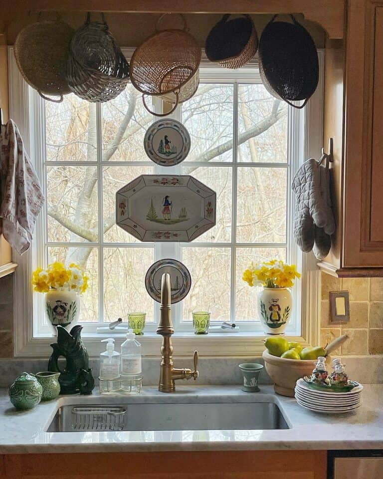 Kitchen Sink Area With Hanging Rattan Baskets