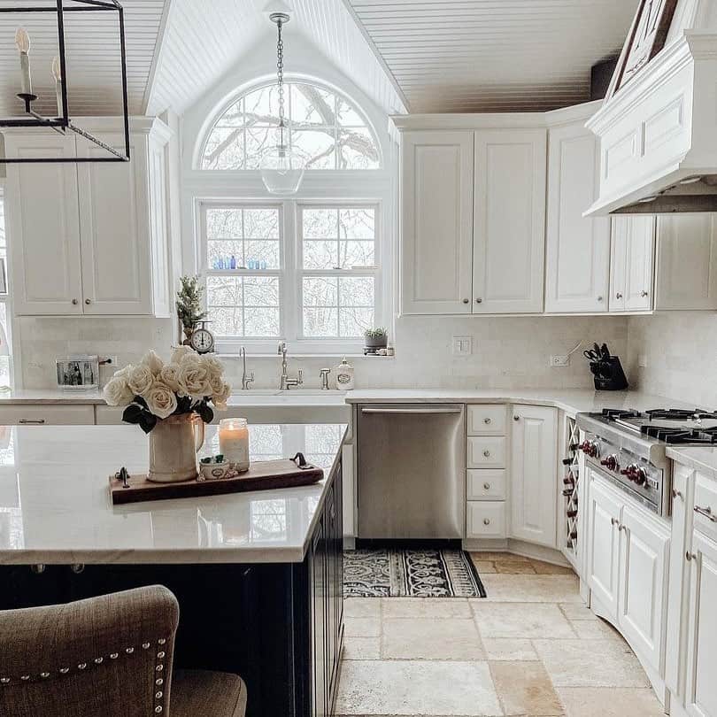 Kitchen With a Farmhouse Chandelier on Sloped Ceiling