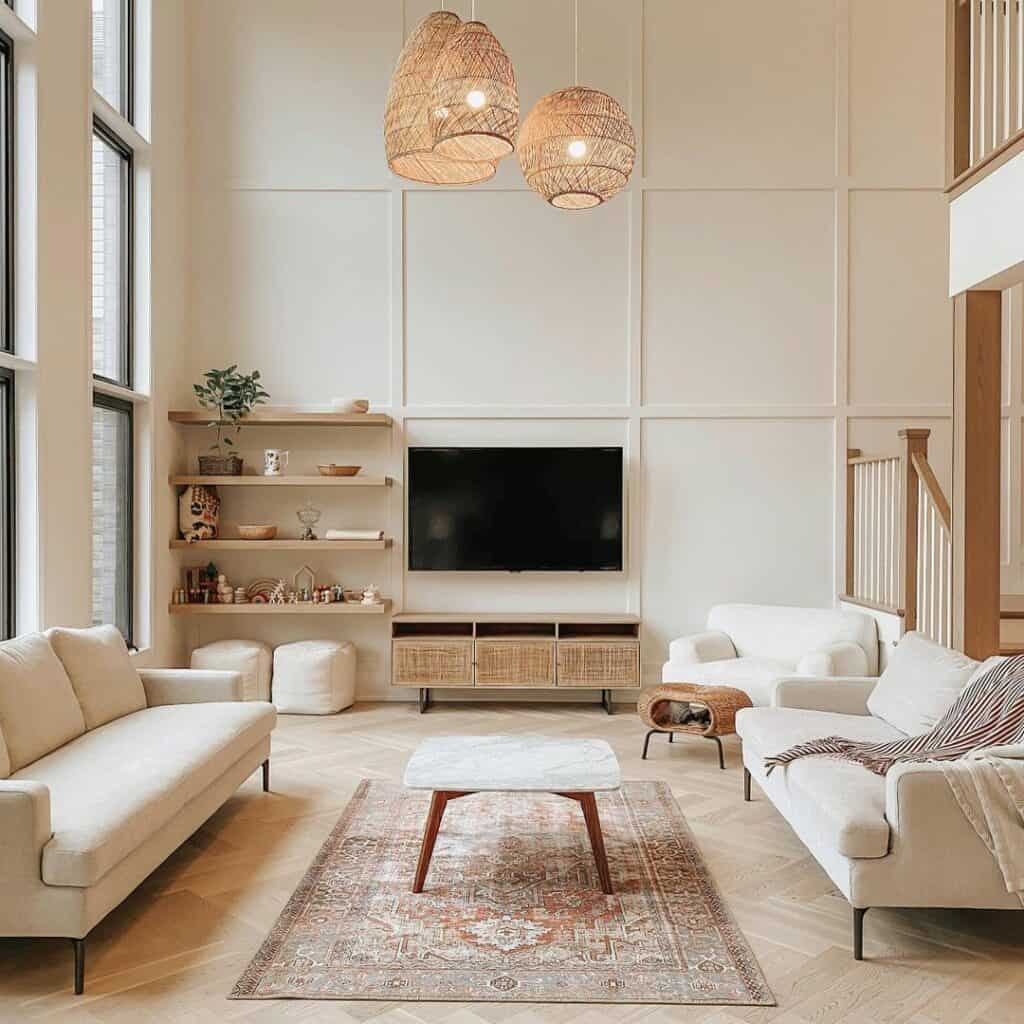 Large Contemporary Living Room With Paneled Wall