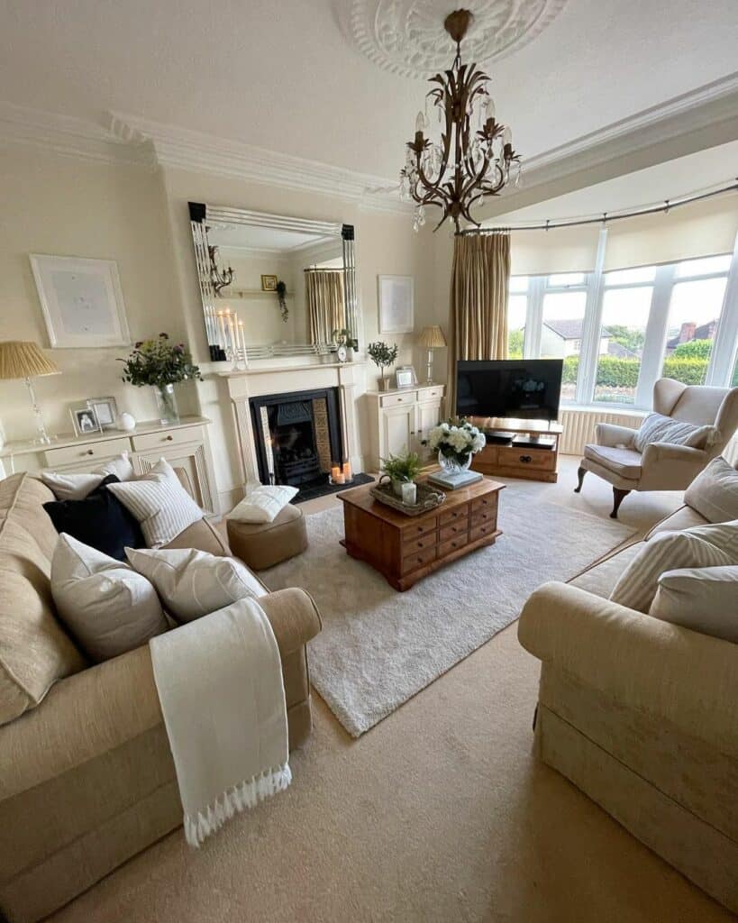 Large Living Room With Beige Curtains