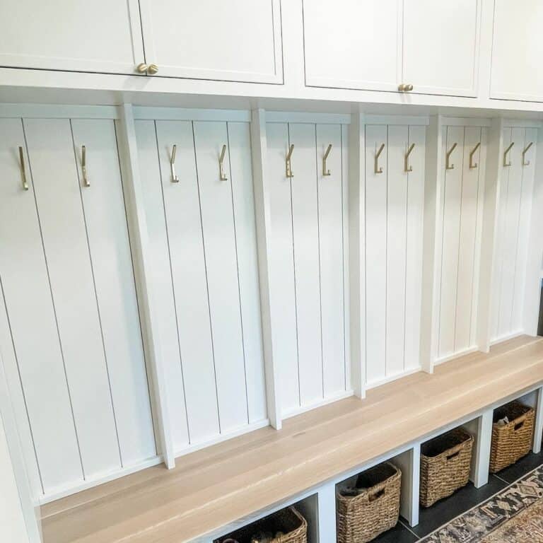 Large Modern Mudroom With Light Wood Bench