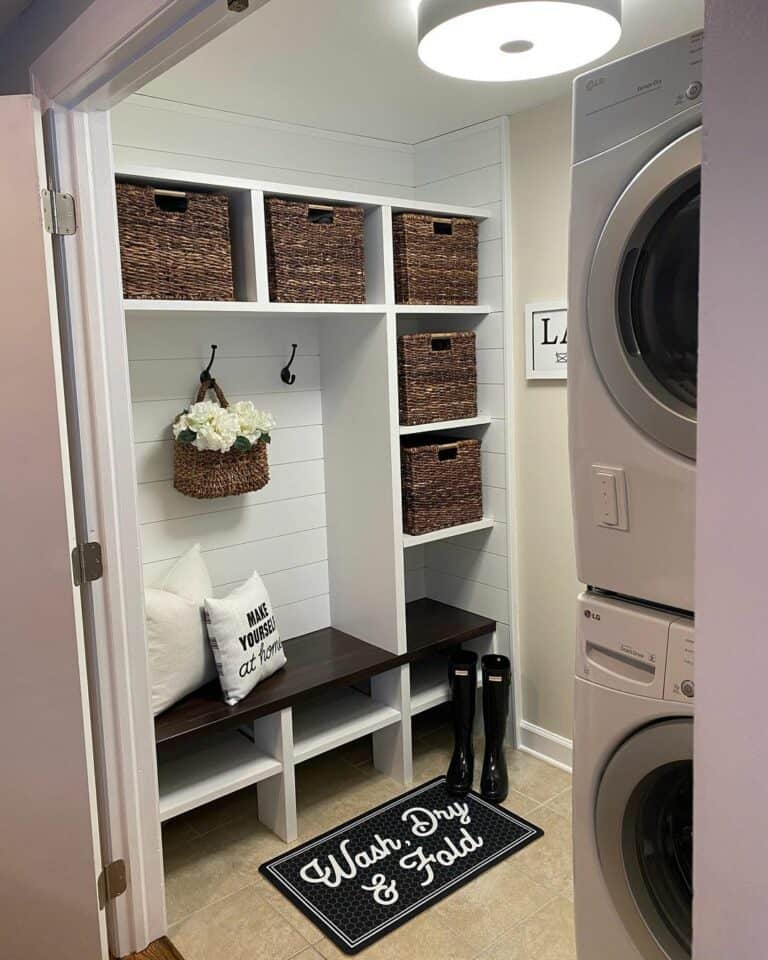 Laundry Mudroom With White Built-in Shelves