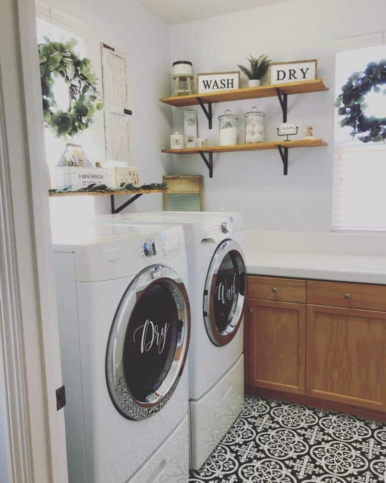 Laundry Room With Wood and Black Metal Shelves