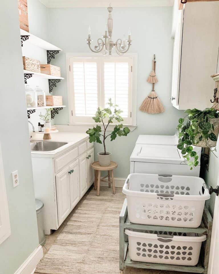 Light Blue Walls Host Cabinets and Shelves