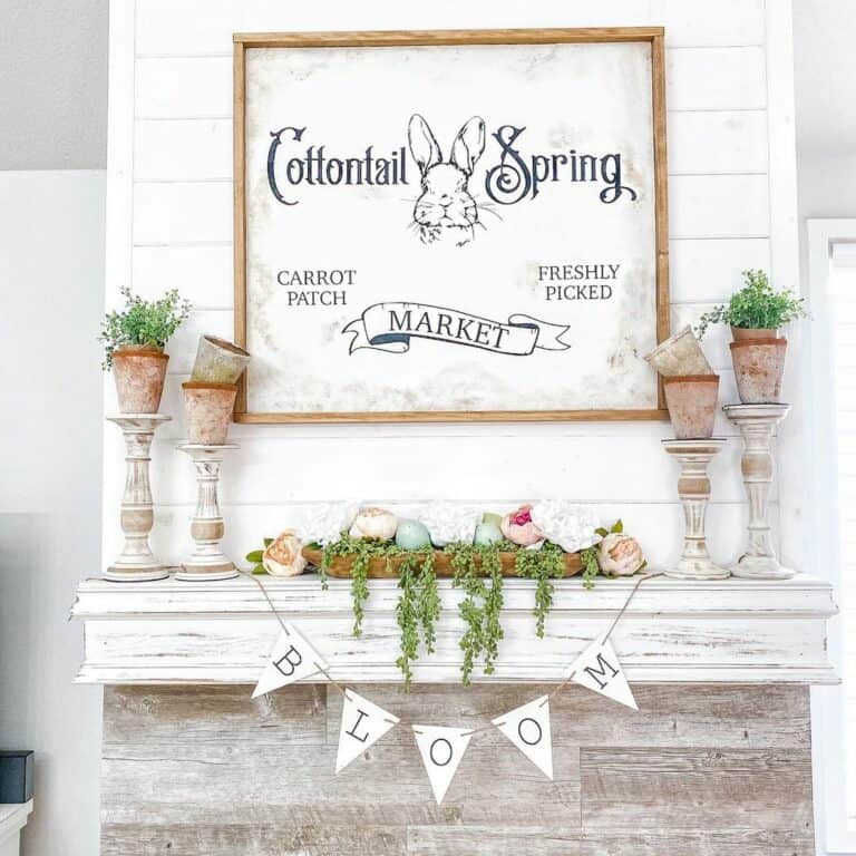 Light Gray Rabbit Sign Over Rustic Mantel