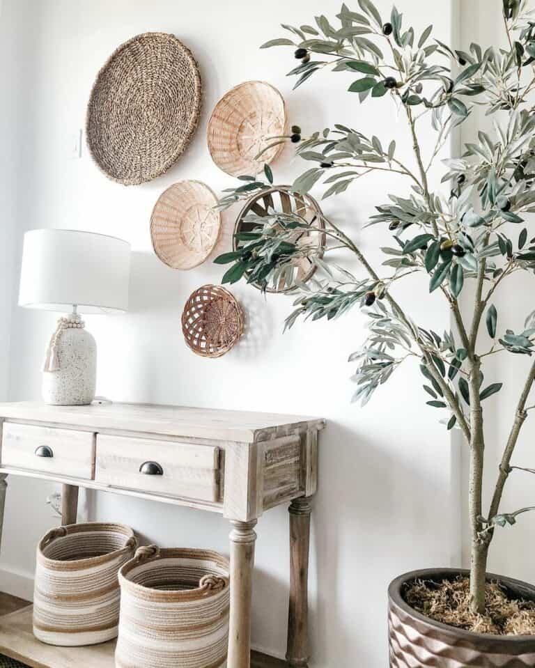 Light Wood Rustic Console Table With Rattan Décor