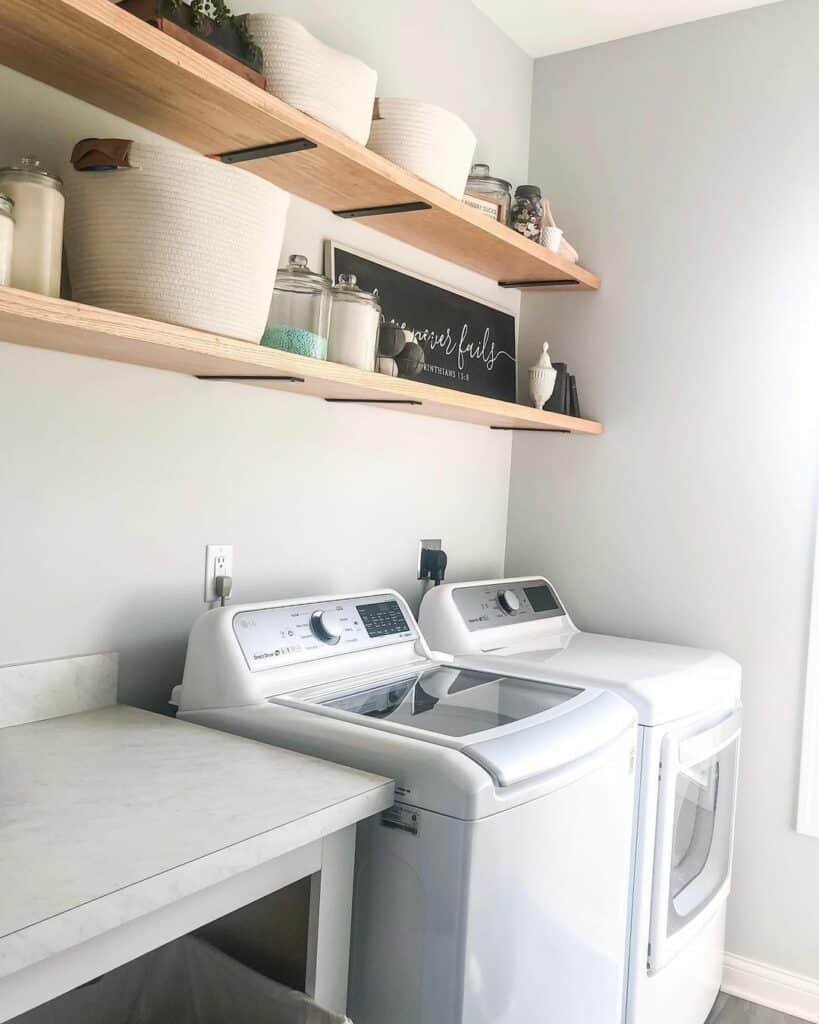 Light Wood and Black Metal Laundry Room Shelves