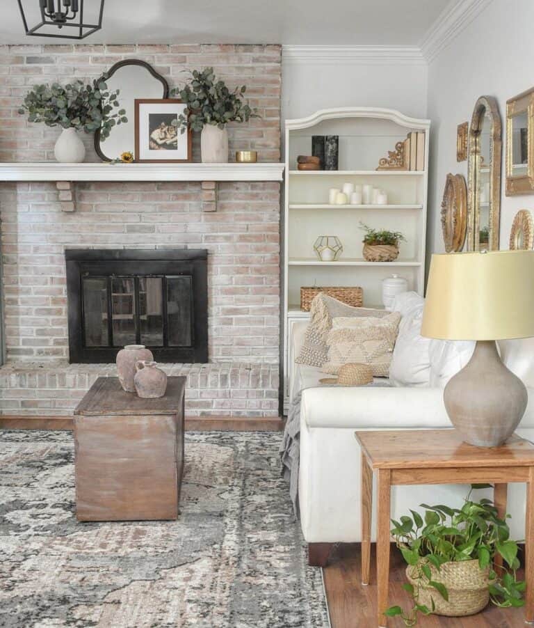 Limewash Brick Fireplace with White Mantel