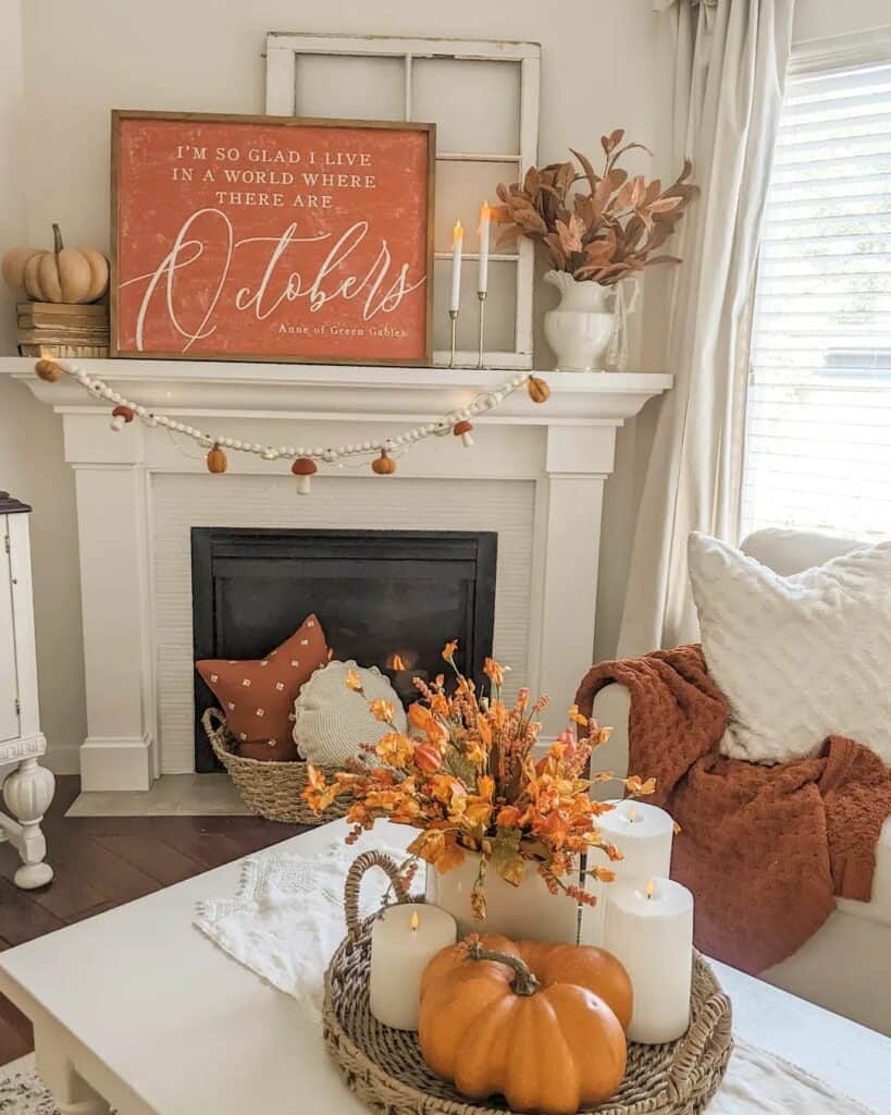Living Room With Orange Fireplace Décor
